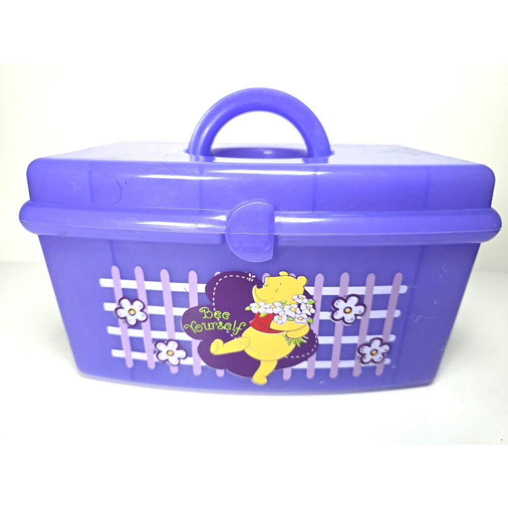 Vintage Disney Winnie the Pooh Purple Plastic Lunch Box Tote Case Bee Yourself